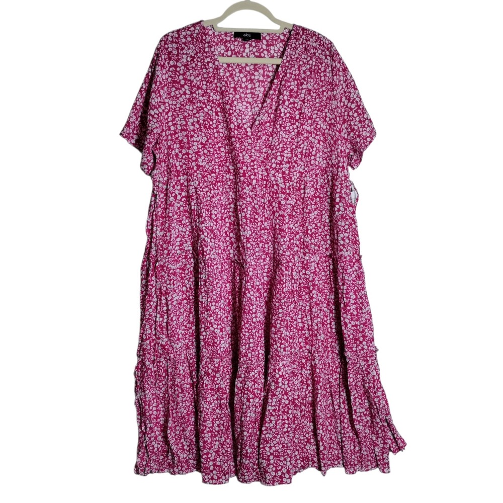 Ellos Women Magenta Pink Floral Tiered Rayon V-Neck Midi Dress Size 16 05-4255-5